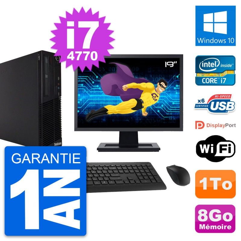 Lenovo M73 SFF Desktop Computer - 19" Screen, Intel i7-4770, 8GB RAM, 1TB HDD, Windows 10, WiFi