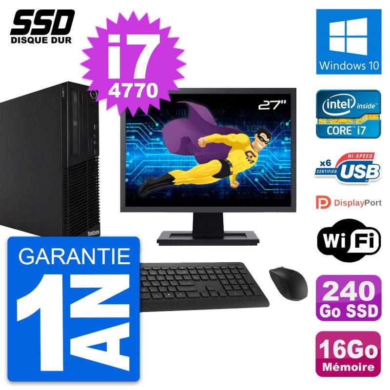 Lenovo M73 SFF Desktop Computer - 27" Screen, Intel i7-4770, 16GB RAM, 240GB SSD, Windows 10, WiFi