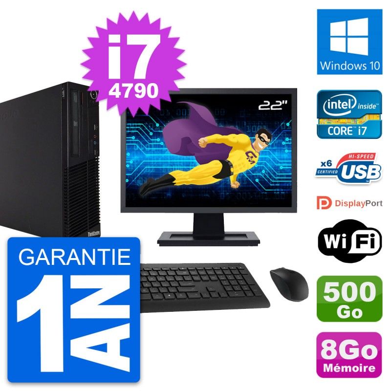 Lenovo M73 SFF Desktop Computer, 22" Screen, Intel i7-4790, 8GB RAM, 500GB HDD, Windows 10, WiFi