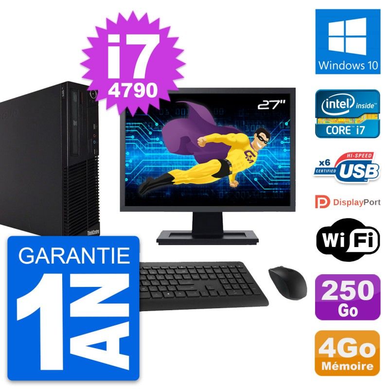 Lenovo M73 SFF Desktop PC - 27" Screen, Intel i7-4790, 4GB RAM, 250GB HDD, Windows 10, WiFi
