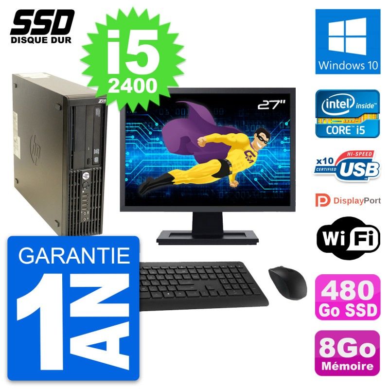 HP Z210 SFF Desktop Computer, 27" Screen, Intel Core i5-2400, 8GB RAM, 480GB SSD, Windows 10, Wi-Fi