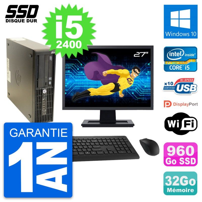 HP Z210 SFF Desktop Computer, 27" Screen, Intel Core i5-2400, 32GB RAM, 960GB SSD, Windows 10, WiFi