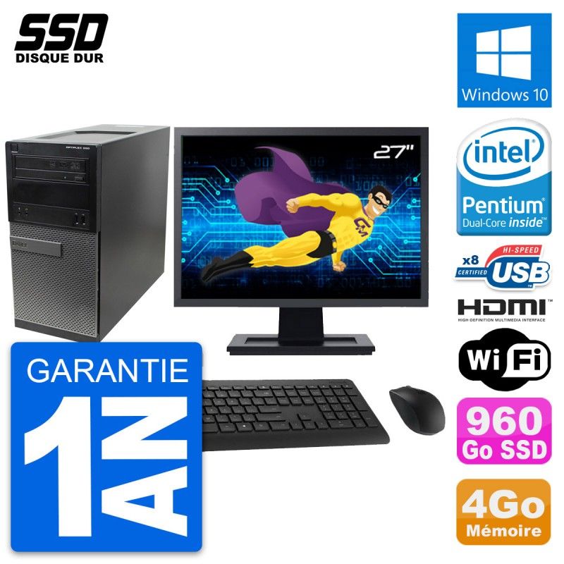 Dell Optiplex 390 MT Desktop PC - 27" Screen, Intel G630, 4GB RAM, 960GB SSD, HDMI, Windows 10, WiFi