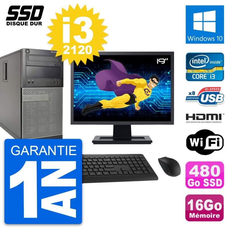 Dell Optiplex 390 MT Desktop PC - 19" Screen, i3-2120, 16GB RAM, 480GB SSD, HDMI, WiFi, Windows 10