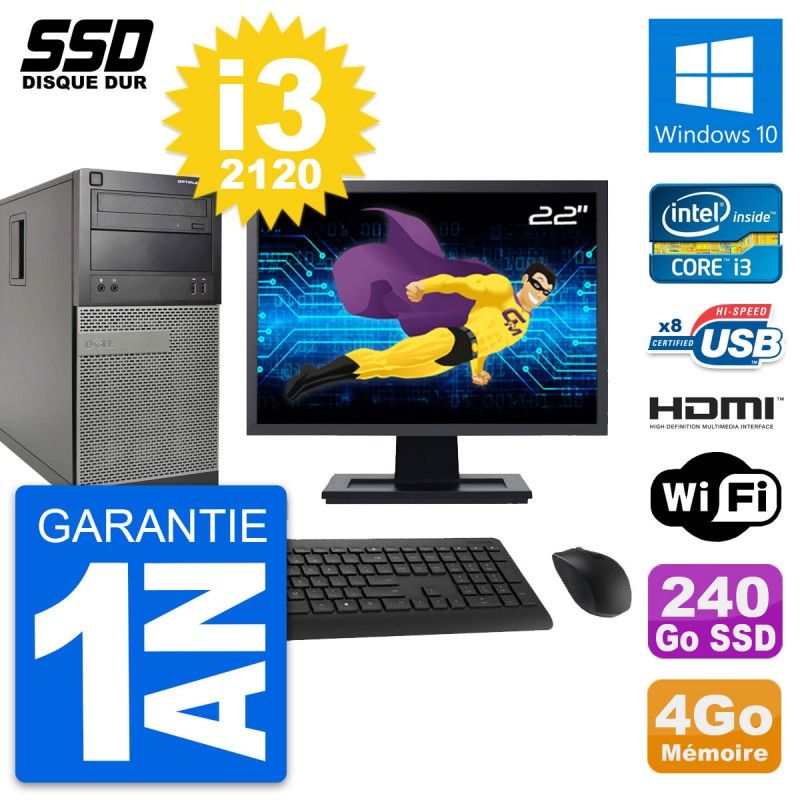 Dell Optiplex 390 MT Desktop Computer - 22" Screen, i3-2120, 4GB RAM, 240GB SSD, HDMI, Windows 10, Wifi