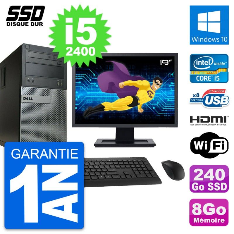 Dell Optiplex 390 MT Desktop PC - 19" Screen, i5-2400, 8GB RAM, 240GB SSD, HDMI, Windows 10, WiFi