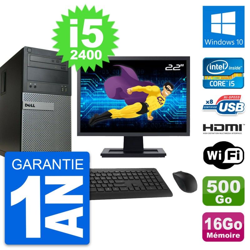 Dell Optiplex 390 MT Desktop Computer, 22" Screen, i5-2400, 16GB RAM, 500GB HDD, HDMI, Windows 10, WiFi