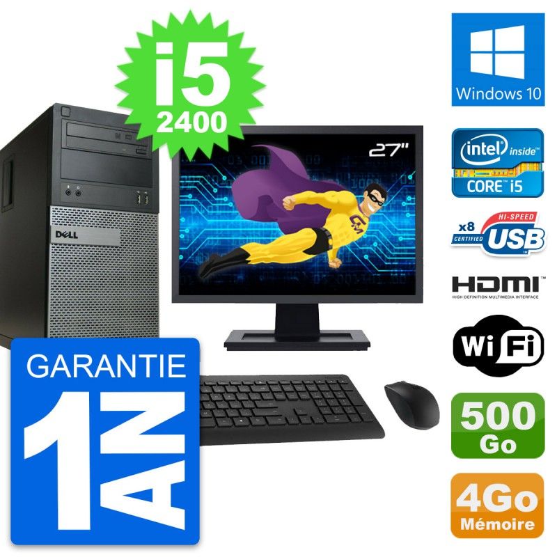 Dell Optiplex 390 MT Desktop PC - 27" Screen, i5-2400, 4GB RAM, 500GB HDD, HDMI, Windows 10, Wi-Fi
