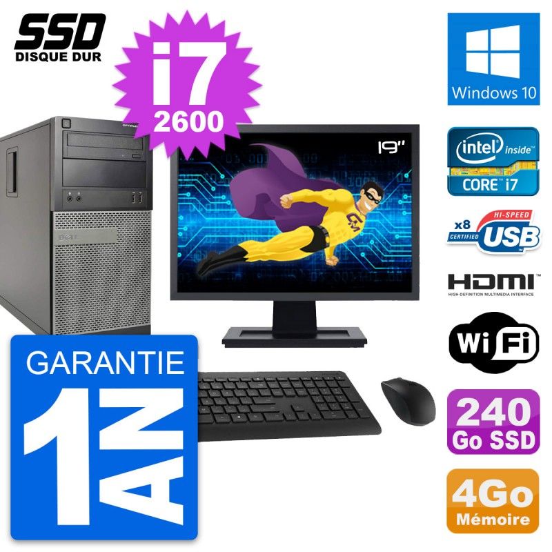 Dell Optiplex 390 MT Desktop Computer, 19" Screen, i7-2600, 4GB RAM, 240GB SSD, HDMI, Windows 10, Wifi