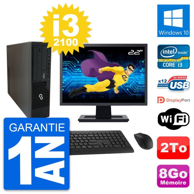 Fujitsu E910 DT 22-inch Screen, Intel i3-2100, 8GB RAM, 2TB Hard Drive, Windows 10, WiFi