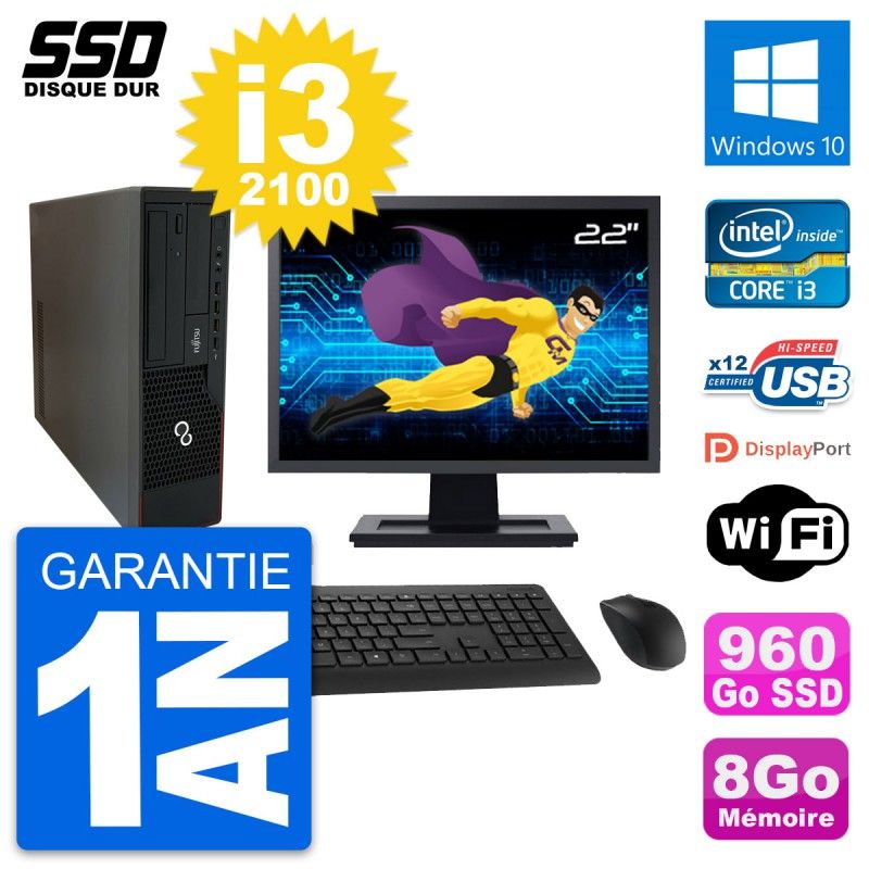 Fujitsu E910 DT 22-inch Screen, Intel i3-2100, 8GB RAM, 960GB SSD, Windows 10, WiFi
