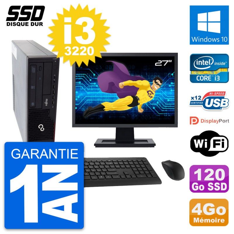 Fujitsu E910 DT 27-inch Screen, Intel i3-3220, 4GB RAM, 120GB SSD, Windows 10, Wifi