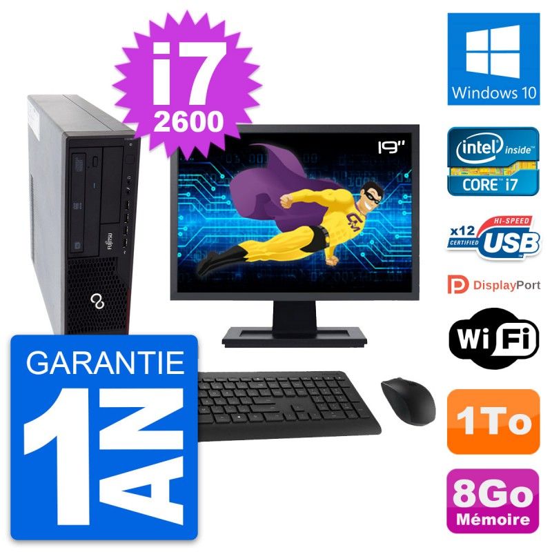 Fujitsu E910 DT 19-inch Screen, Intel i7-2600, 8GB RAM, 1TB Disk, Windows 10, WiFi