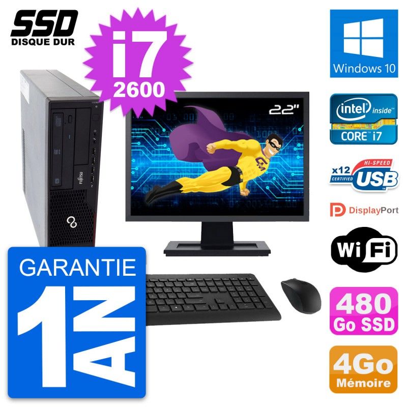 Fujitsu E910 DT 22" Screen, Intel i7-2600, 4GB RAM, 480GB SSD, Windows 10, WiFi