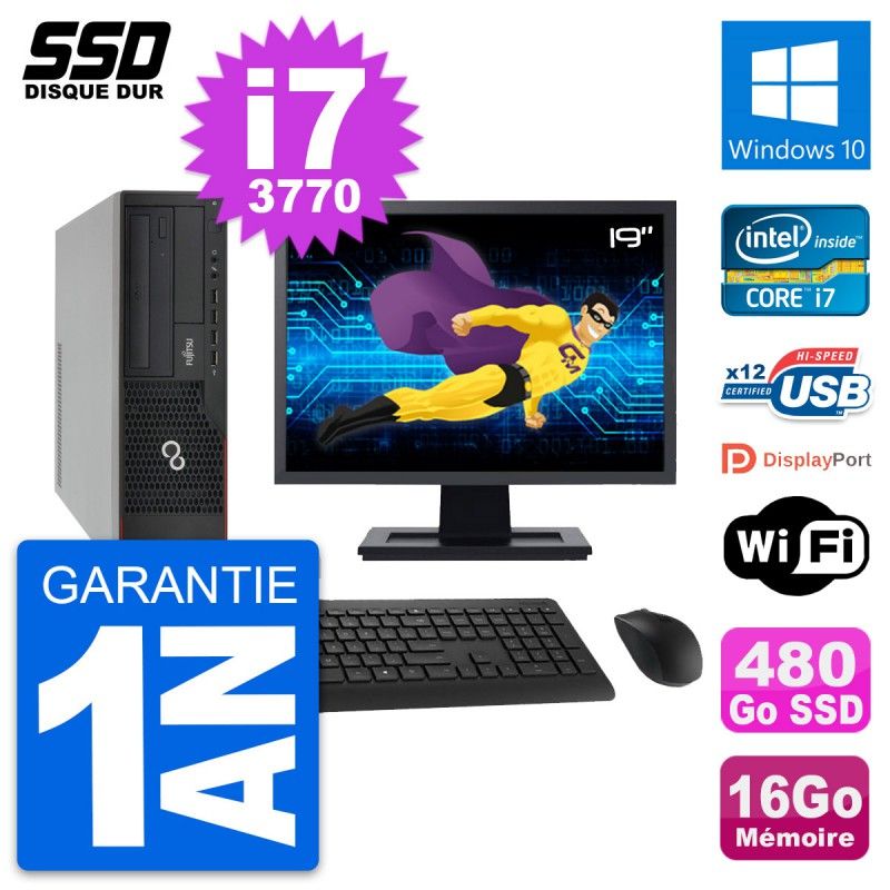 Fujitsu E910 DT 19-inch Screen, Intel i7-3770, 16GB RAM, 480GB SSD, Windows 10, Wifi
