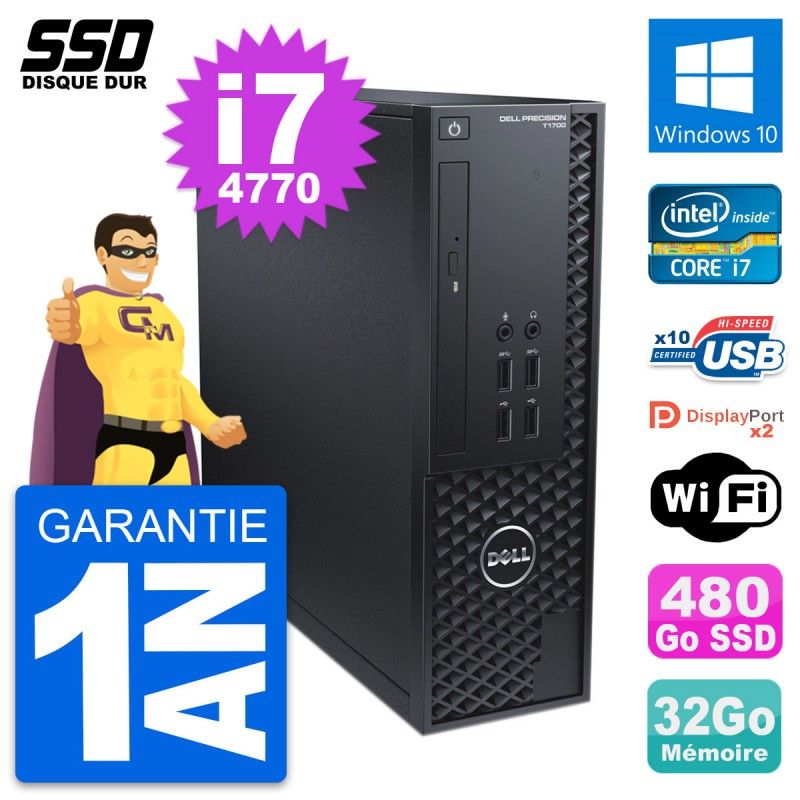 Dell Precision T1700 SFF Computer - Intel i7-4770, 32GB RAM, 480GB SSD, Windows 10, WiFi