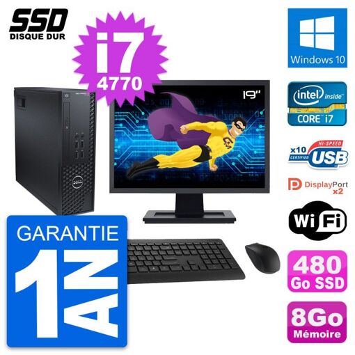 Dell T1700 SFF Desktop Computer - 19" Screen, Intel Core i7-4770, 8GB RAM, 480GB SSD, Windows 10, WiFi