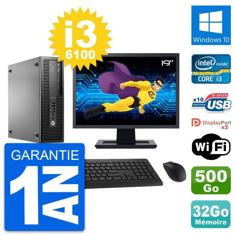 HP EliteDesk 800 G2 SFF Desktop Computer, 19" Screen, Intel i3-6100, 32GB RAM, 500GB HDD