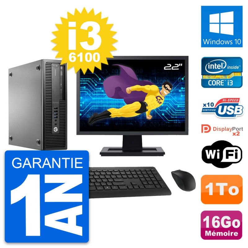 HP EliteDesk 800 G2 SFF PC - 22" Screen, Intel i3-6100, 16GB RAM, 1TB Hard Drive, Windows 10, WiFi