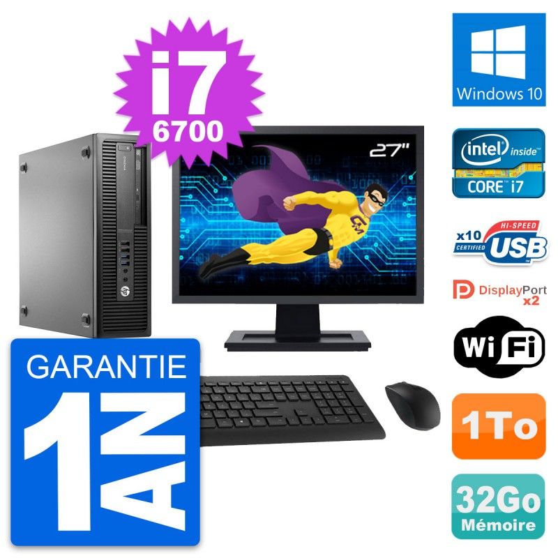 HP EliteDesk 800 G2 SFF PC - 27" Screen, Intel i7-6700, 32GB RAM, 1TB HDD, Windows 10, WiFi