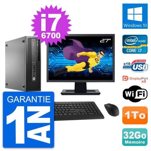 PC HP EliteDesk 800 G2 SFF - Pantalla de 27", Intel i7-6700, 32GB de RAM, 1TB HDD, Windows 10, WiFi