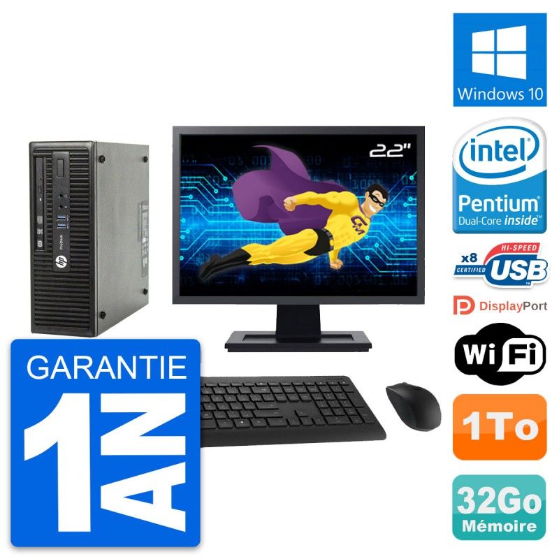HP ProDesk 400 G3 SFF PC - 22" Screen, Intel Pentium G4400, 32GB RAM, 1TB HDD, WiFi