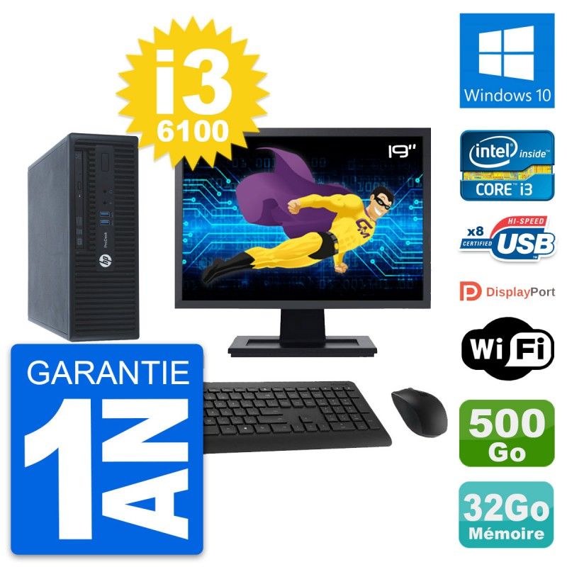 HP ProDesk 400 G3 SFF Computer, 19" Screen, Intel i3-6100, 32GB RAM, 500GB HDD
