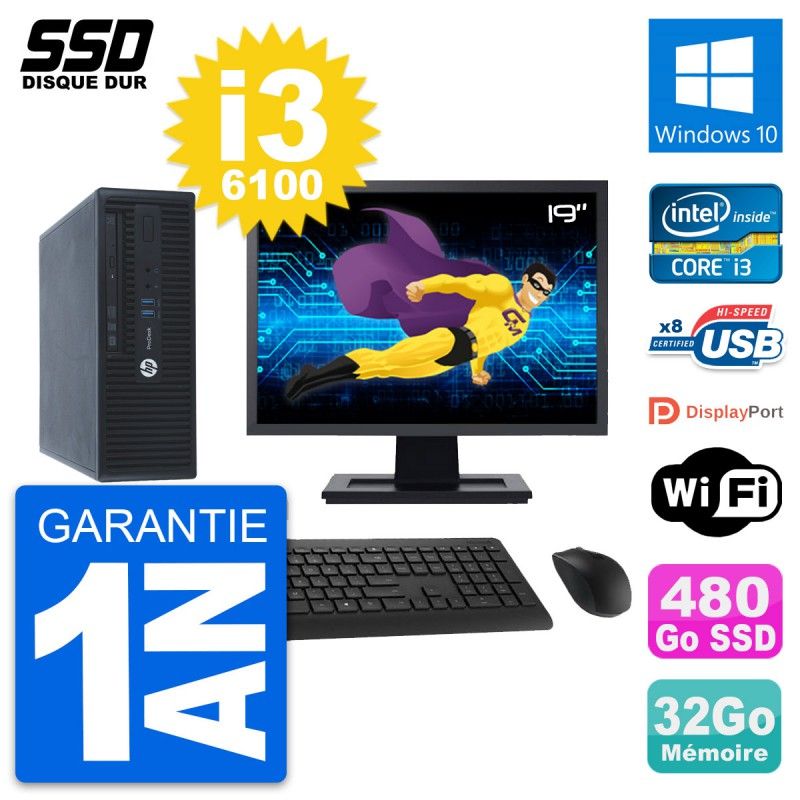 HP ProDesk 400 G3 SFF Computer - 19" Screen, i3-6100, 32GB RAM, 480GB SSD, Windows 10, WiFi