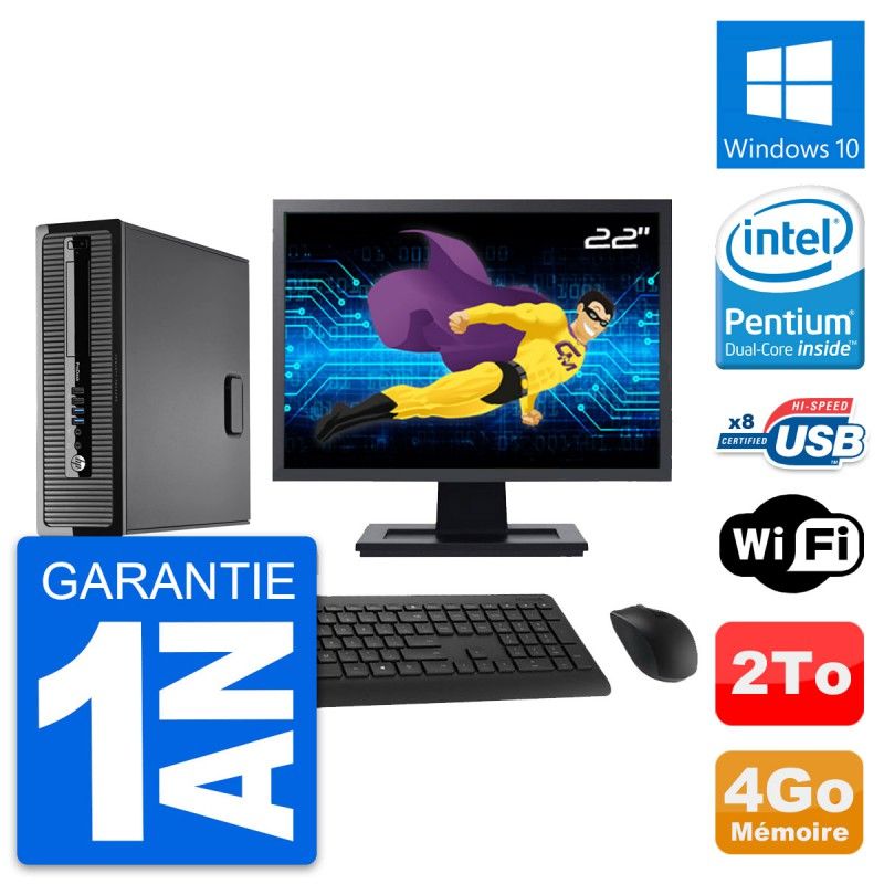 HP ProDesk 400 G1 SFF PC - 22" Screen, Intel Pentium G3220, 4GB RAM, 2TB HDD, Windows 10, WiFi