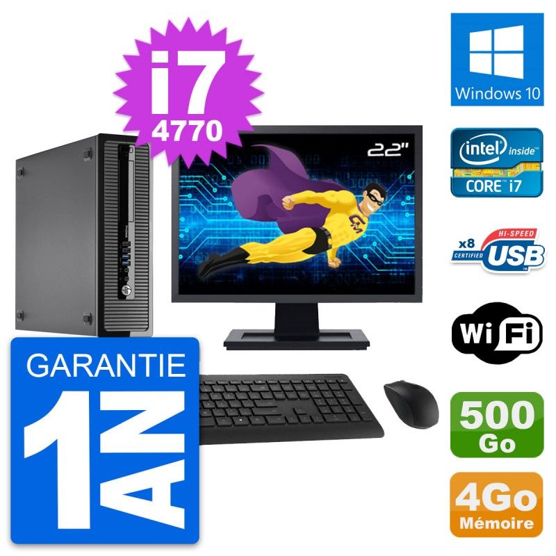 HP ProDesk 400 G1 SFF Desktop PC - 22" Screen, Intel i7-4770, 4GB RAM, 500GB Hard Drive, Windows 10, WiFi