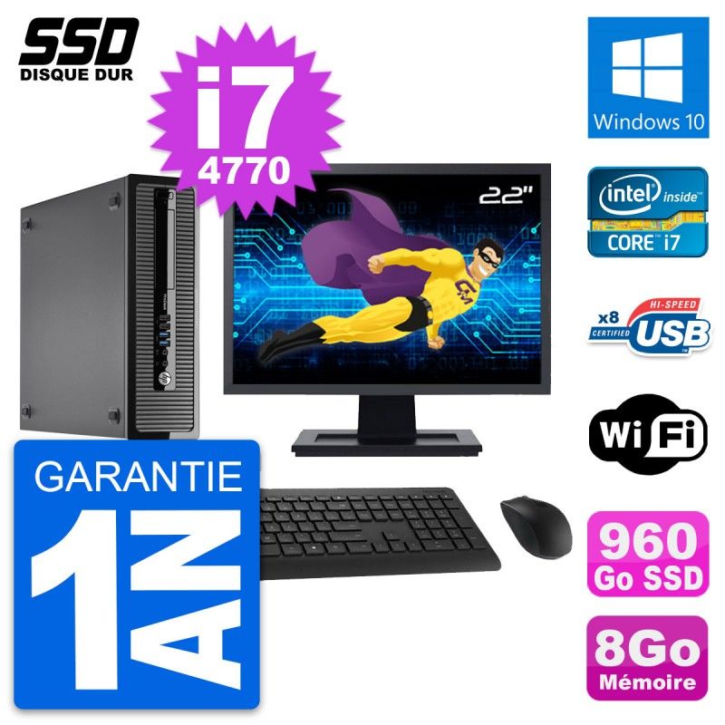 HP ProDesk 400 G1 SFF Desktop Computer, 22" Screen, i7-4770, 8GB RAM, 960GB SSD, Windows 10, Wifi