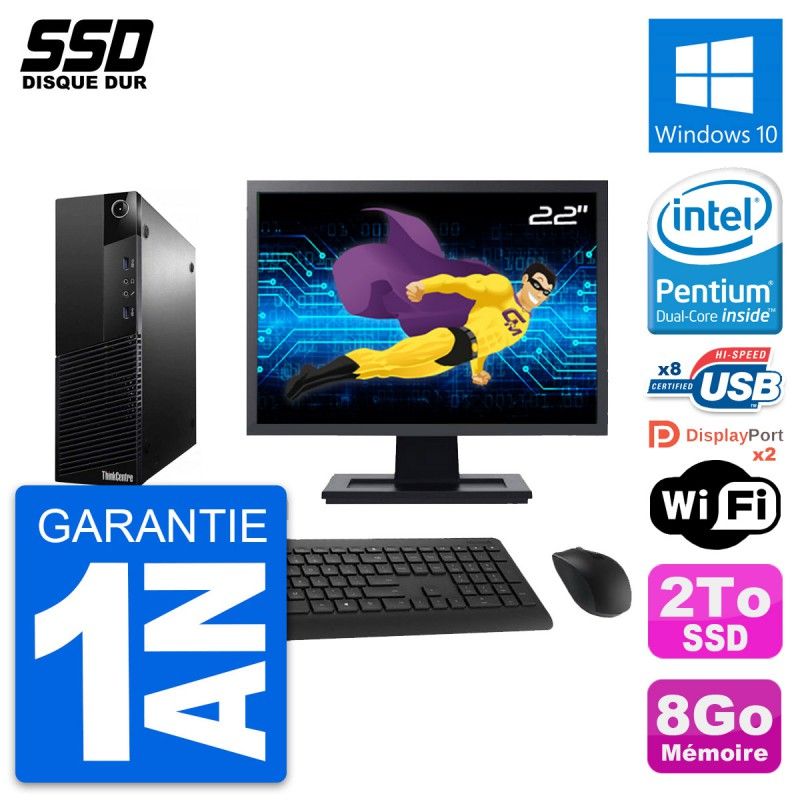 Lenovo M83 SFF Desktop Computer, 22" Screen, Intel G3220, 8GB RAM, 2TB SSD, Windows 10, WiFi