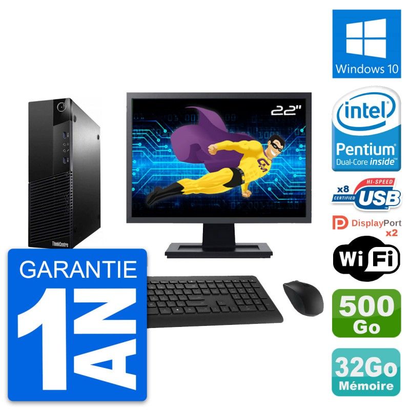Lenovo M83 SFF Desktop Computer - 22" Screen, Intel G3220, 32GB RAM, 500GB Disk, Windows 10, WiFi