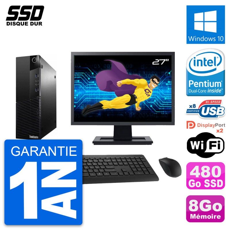 Lenovo M83 SFF Desktop Computer - 27" Screen, Intel G3220, 8GB RAM, 480GB SSD, Windows 10, WiFi