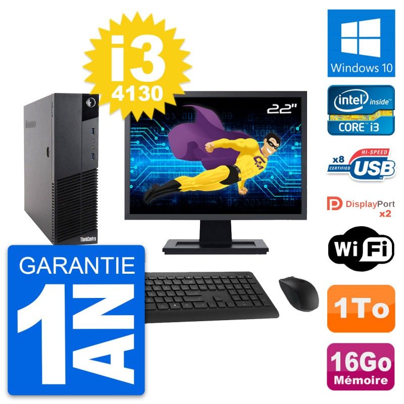 Lenovo M83 SFF Desktop Computer, 22" Screen, Core i3-4130, 16GB RAM, 1TB HDD, Windows 10, WiFi
