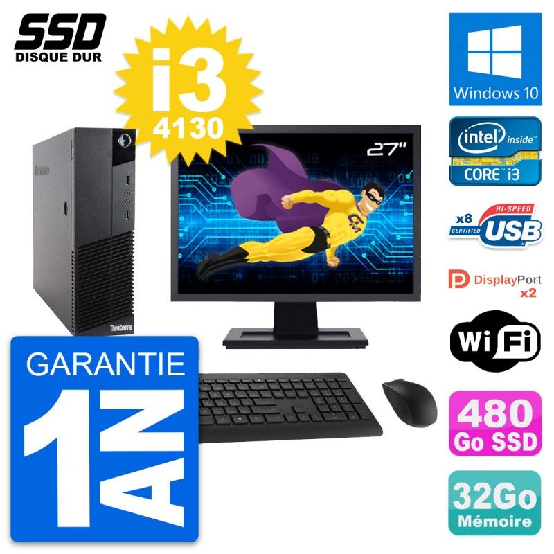Lenovo M83 SFF Computer - 27" Screen, Intel i3-4130, 32GB RAM, 480GB SSD, Windows 10, Wifi