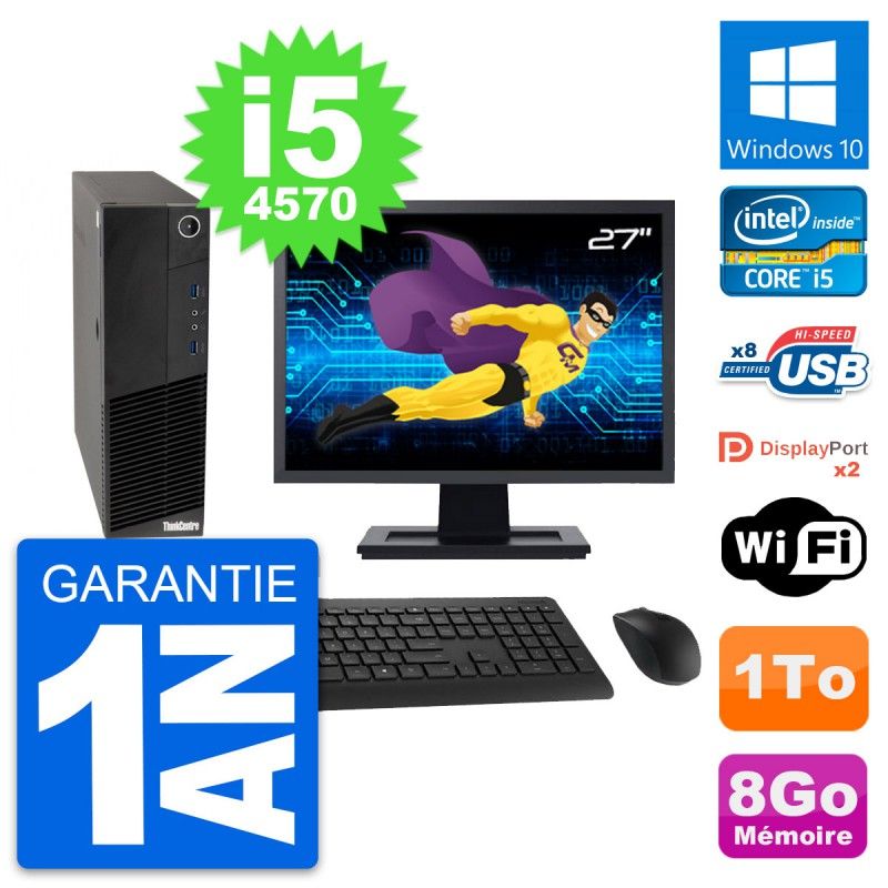 Lenovo M83 SFF Desktop Computer - 27" Screen, Intel i5-4570, 8GB RAM, 1TB HDD, Windows 10, WiFi