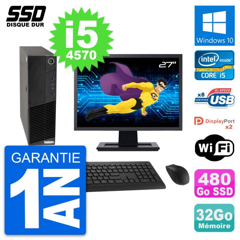 Lenovo M83 SFF Desktop Computer - 27" Screen, Intel i5-4570, 32GB RAM, 480GB SSD, Windows 10, WiFi