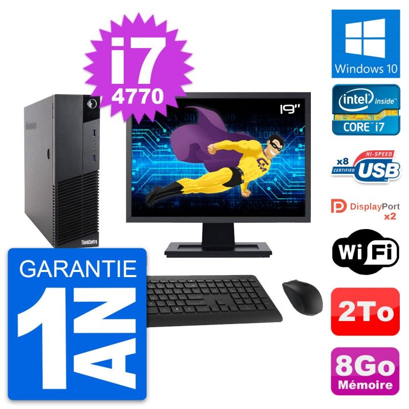 Lenovo M83 SFF Desktop Computer, 19" Screen, Intel i7-4770, 8GB RAM, 2TB HDD, Windows 10, Wifi