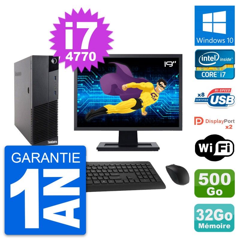 Lenovo M83 SFF Desktop Computer - 19" Screen, Intel i7-4770, 32GB RAM, 500GB Storage, Windows 10, WiFi