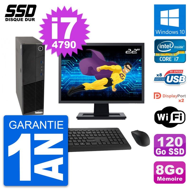 Lenovo M83 SFF Desktop Computer, 22" Screen, Intel Core i7-4790, 8GB RAM, 120GB SSD, Windows 10, WiFi