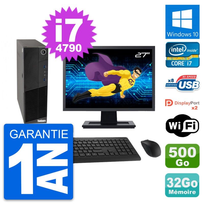 Lenovo M83 SFF Desktop Computer, 27" Screen, Intel i7-4790, 32GB RAM, 500GB SSD, Windows 10, WiFi