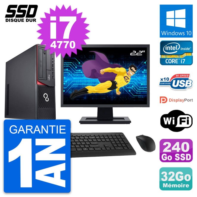 Fujitsu E920 DT 22-inch Screen, Intel i7-4770, 32GB RAM, 240GB SSD, Windows 10, WiFi