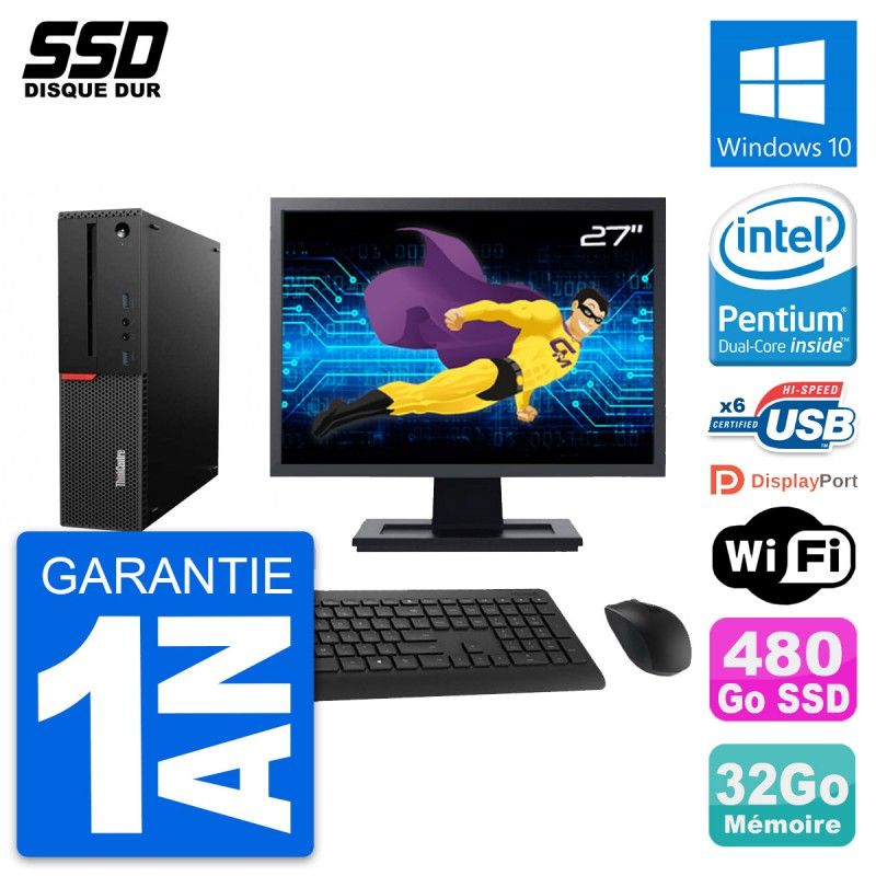 Lenovo M700 SFF Desktop Computer - 27" Screen, Intel G4400, 32GB RAM, 480GB SSD, Windows 10, WiFi
