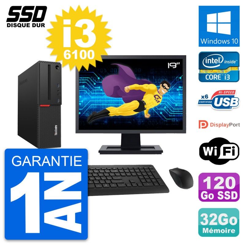 Lenovo M700 SFF Desktop Computer - 19" Screen, Intel i3-6100, 32GB RAM, 120GB SSD, Windows 10, WiFi