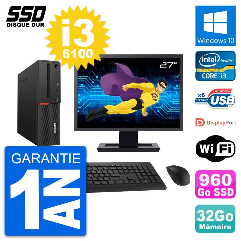 Lenovo M700 SFF Desktop Computer - 27" Screen, Intel i3-6100, 32GB RAM, 960GB SSD, Windows 10, WiFi