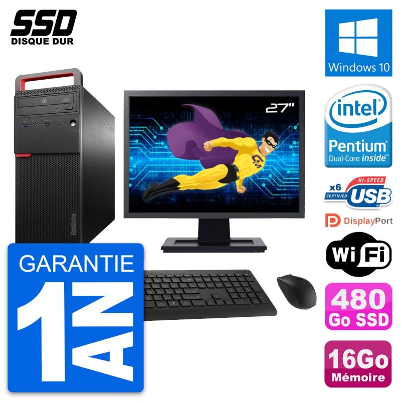 Lenovo M700 Desktop Computer, 27" Screen, Intel G4400, 16GB RAM, 480GB SSD, Windows 10, Wi-Fi