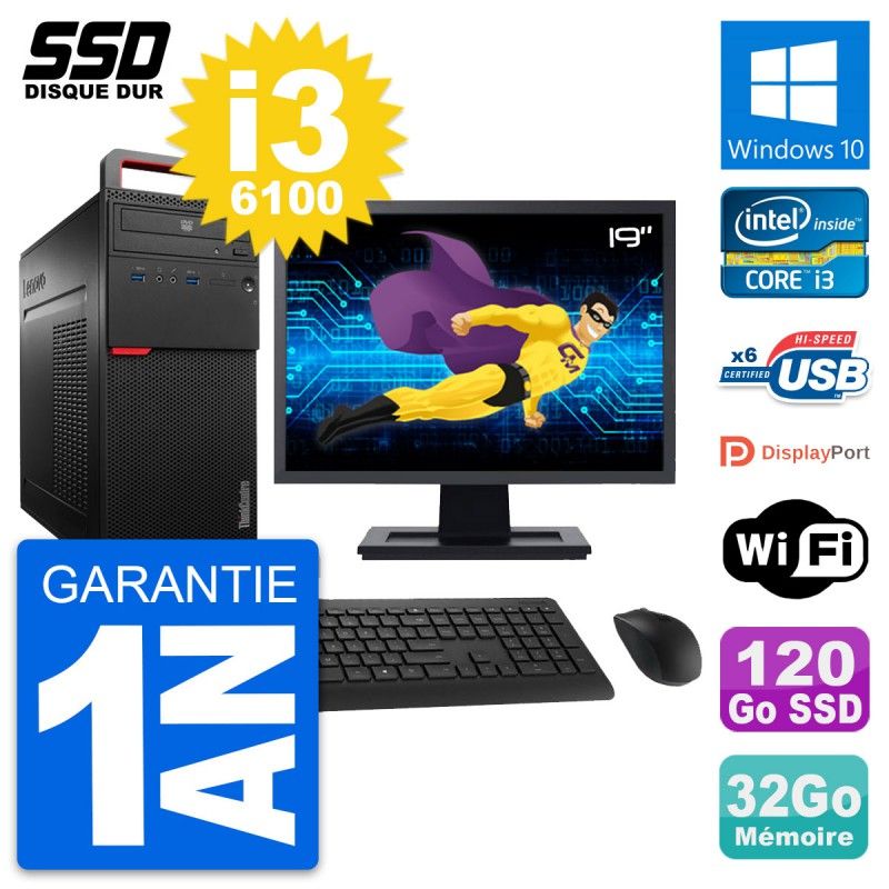 Lenovo M700 Desktop Computer, 19" Screen, Intel i3-6100, 32GB RAM, 120GB SSD, Windows 10, WiFi