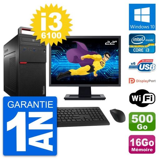 Computadora de escritorio Lenovo M700, pantalla de 22', procesador Core i3-6100, 16 GB de RAM, disco duro de 500 GB, Windows 10, WiFi