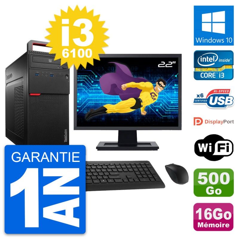 Lenovo M700 Desktop Computer, 22" Screen, Core i3-6100, 16GB RAM, 500GB Hard Drive, Windows 10, WiFi